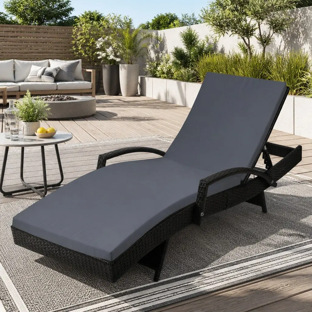 Outdoor Sun Lounge Chair Adjustable Recliner Aluminium and PE Wicker 190cm Black and Grey