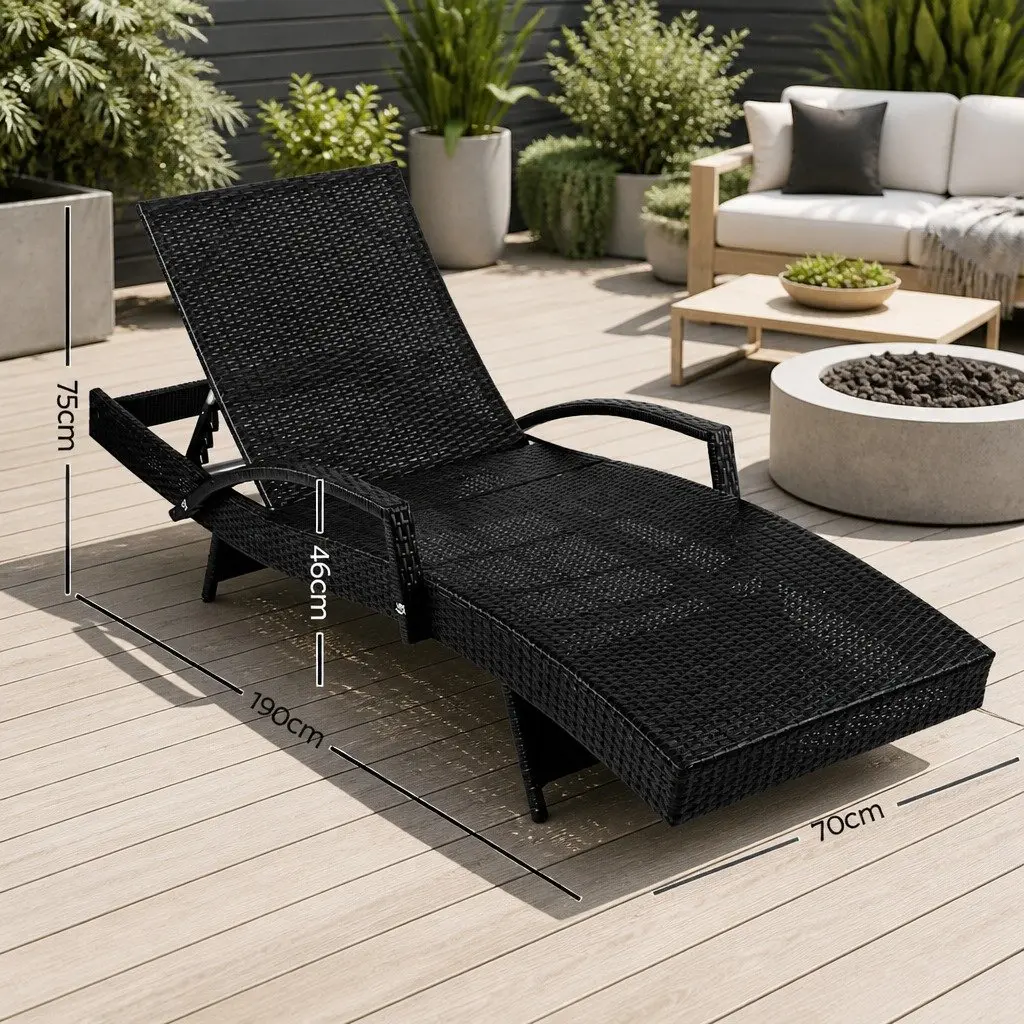 Outdoor Sun Lounge Chair Adjustable Recliner Aluminium and PE Wicker 190cm Black and Grey