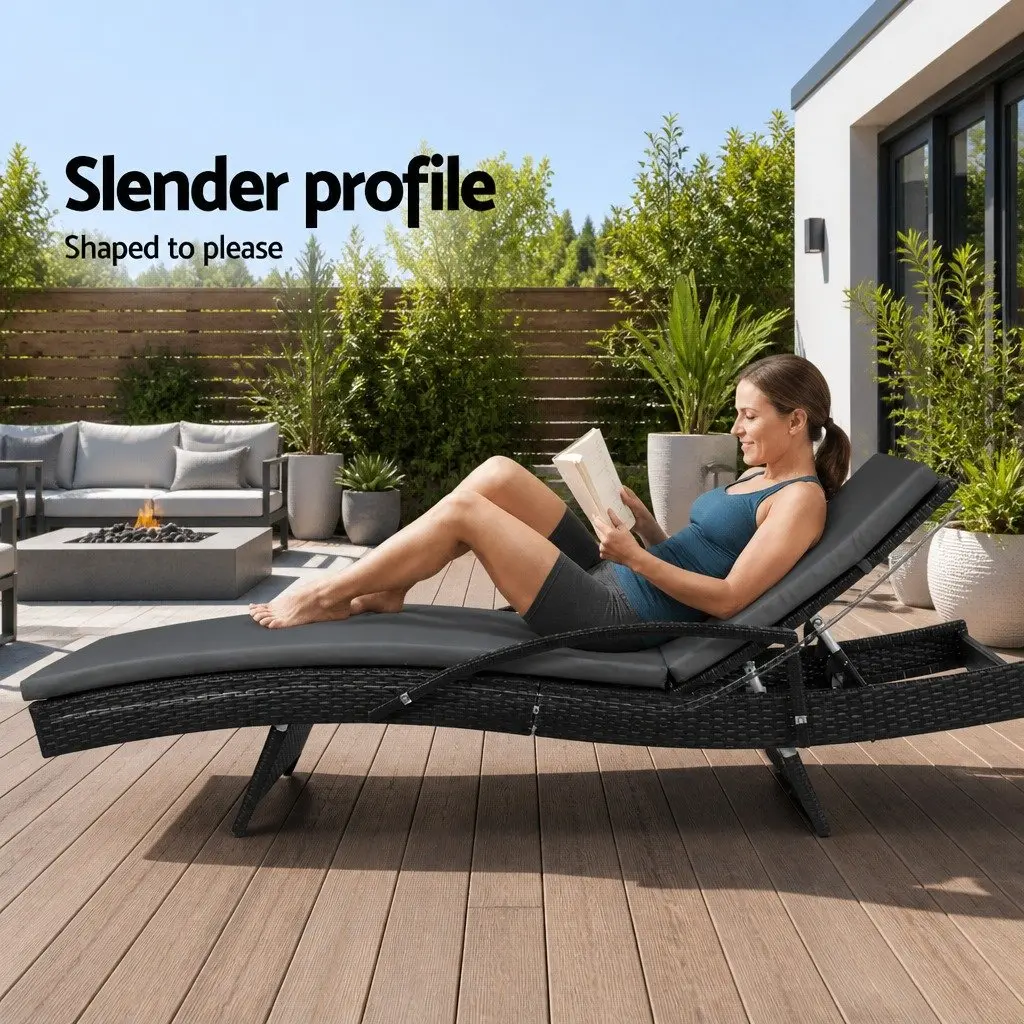 Outdoor Sun Lounge Chair Adjustable Recliner Aluminium and PE Wicker 190cm Black and Grey