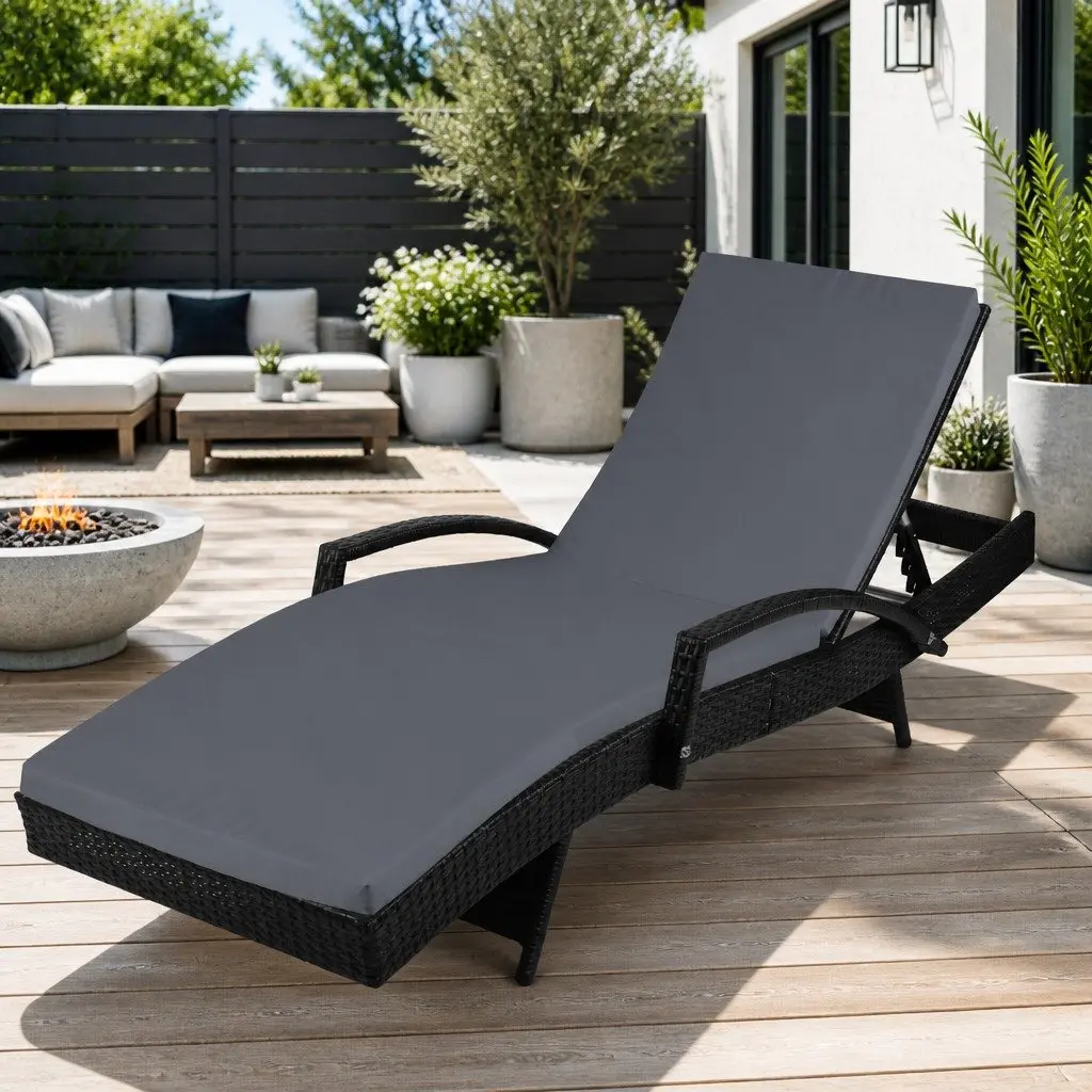 Outdoor Sun Lounge Chair Adjustable Recliner Aluminium and PE Wicker 190cm Black and Grey
