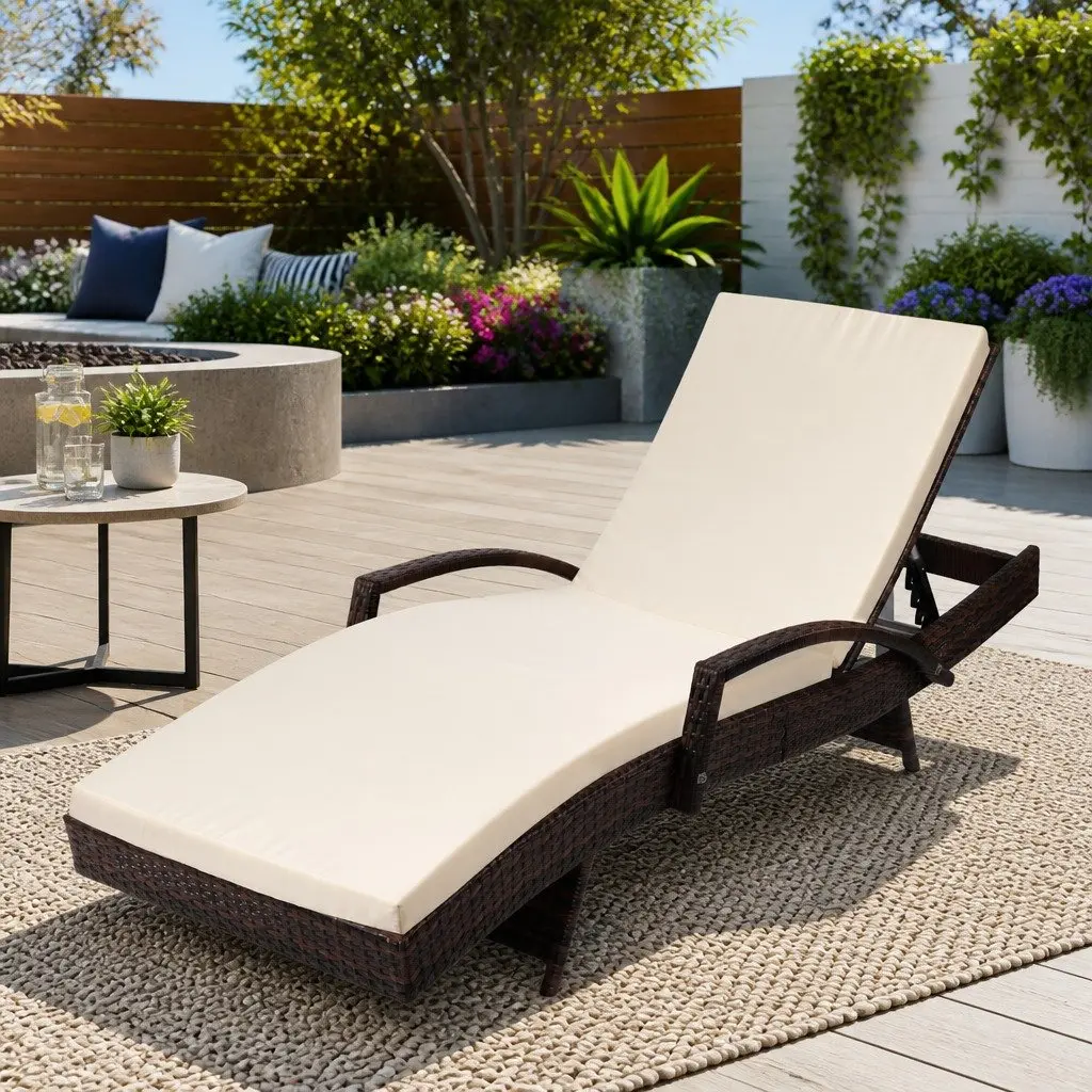 Outdoor Sun Lounge Chair Aluminium PE Wicker Adjustable Backrest Brown Beige