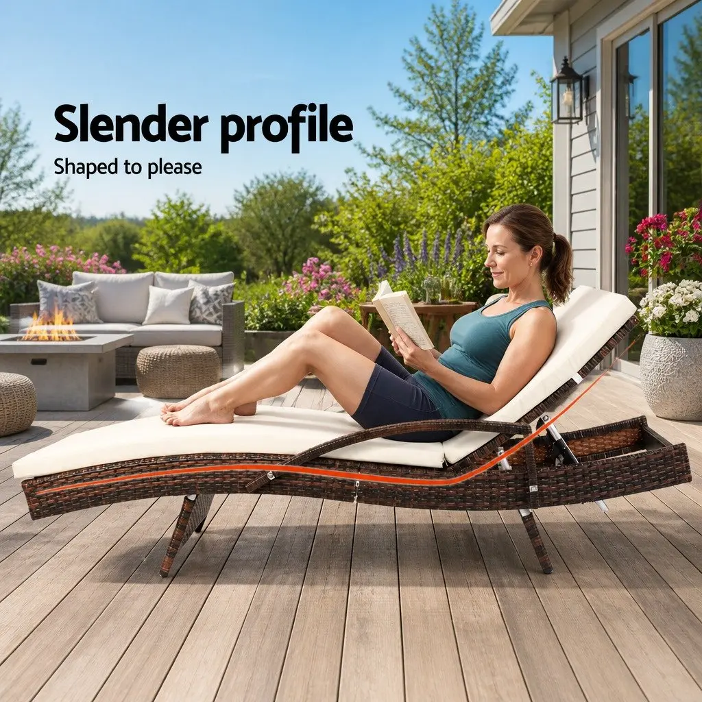 Outdoor Sun Lounge Chair Aluminium PE Wicker Adjustable Backrest Brown Beige