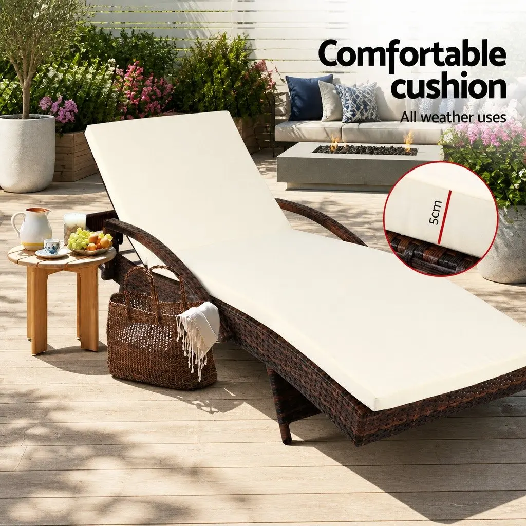Outdoor Sun Lounge Chair Aluminium PE Wicker Adjustable Backrest Brown Beige