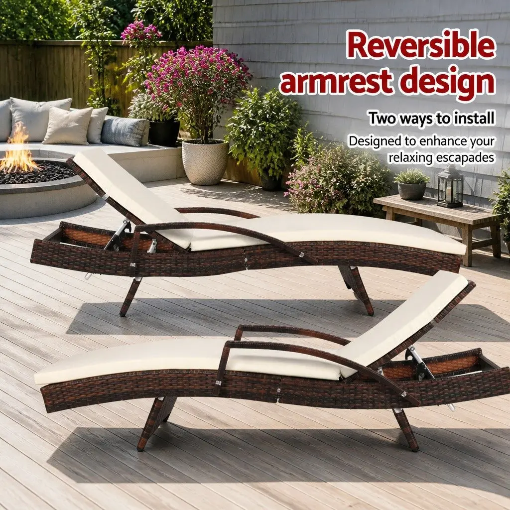 Outdoor Sun Lounge Chair Aluminium PE Wicker Adjustable Backrest Brown Beige