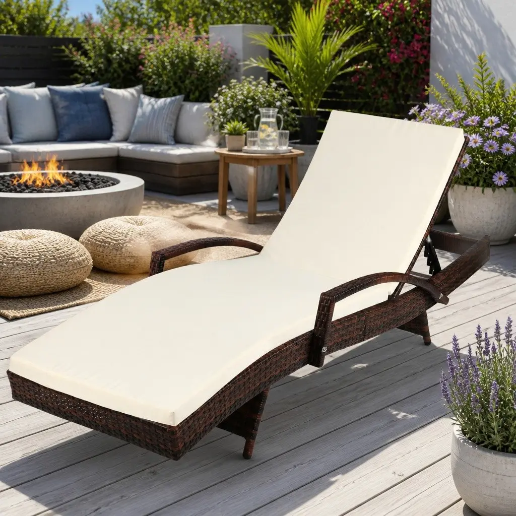 Outdoor Sun Lounge Chair Aluminium PE Wicker Adjustable Backrest Brown Beige