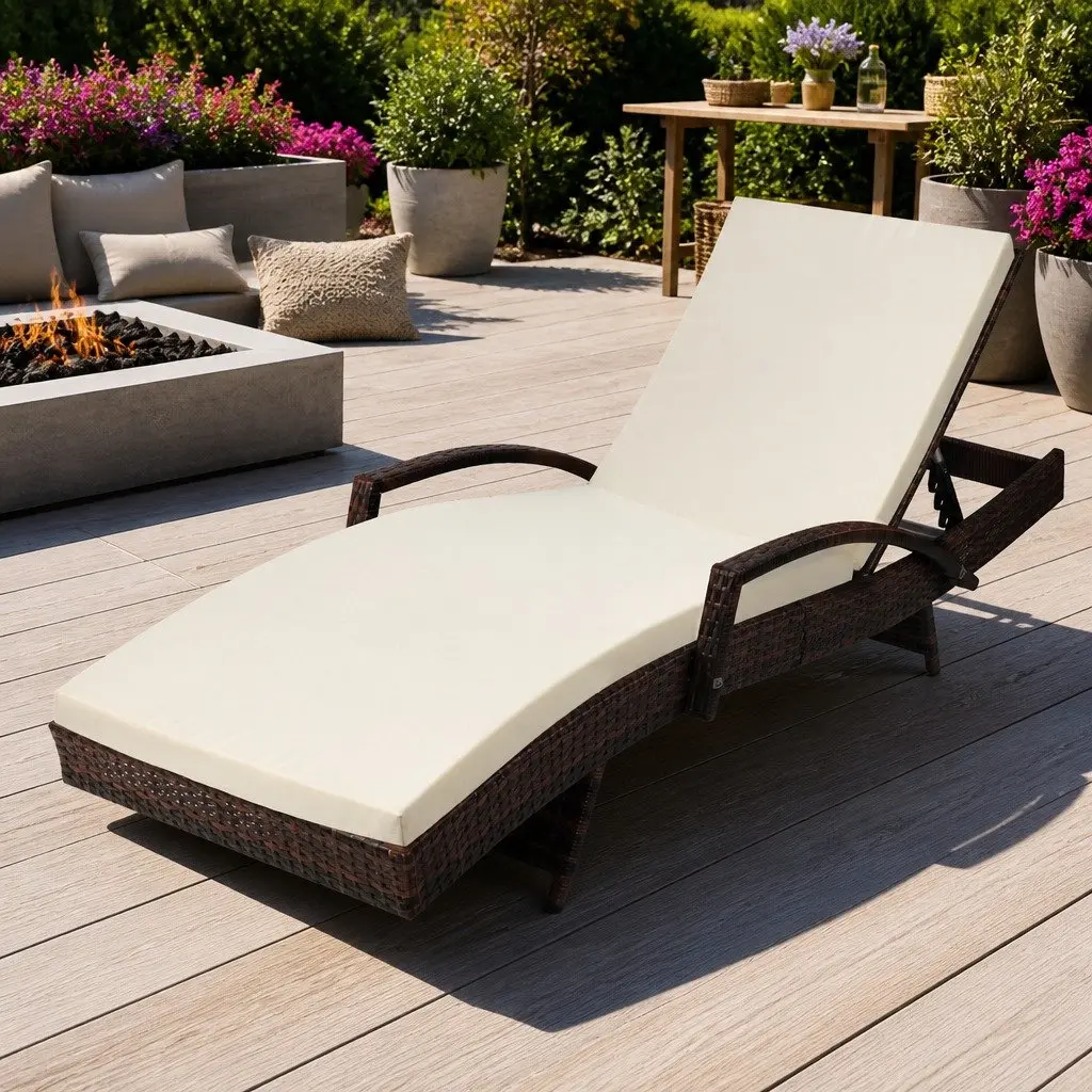 Outdoor Sun Lounge Chair Aluminium PE Wicker Adjustable Backrest Brown Beige