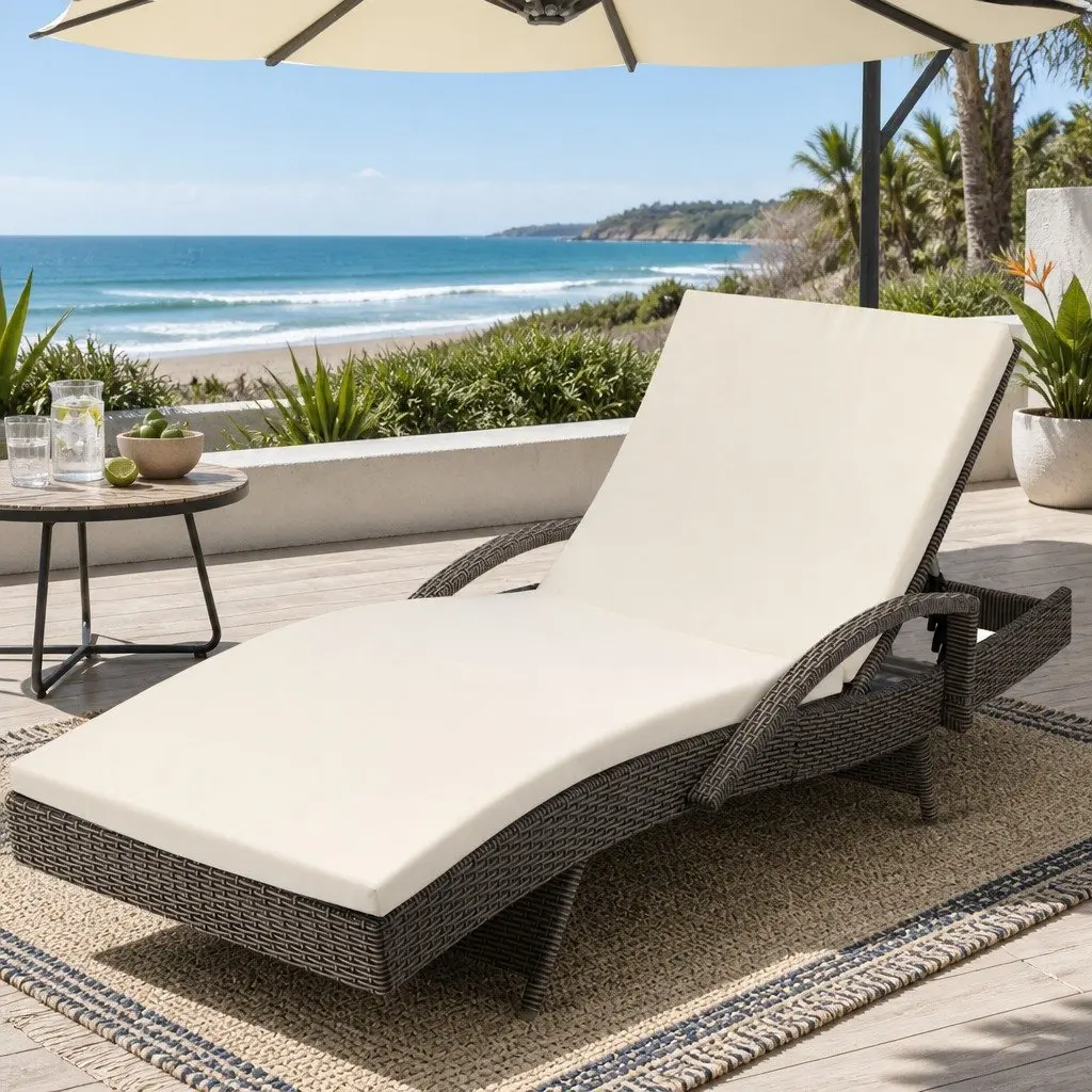 Sun Lounge Wicker Lounger Aluminium Frame Adjustable Backrest Outdoor Furniture Grey Beige