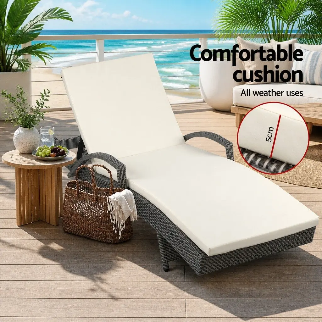 Sun Lounge Wicker Lounger Aluminium Frame Adjustable Backrest Outdoor Furniture Grey Beige