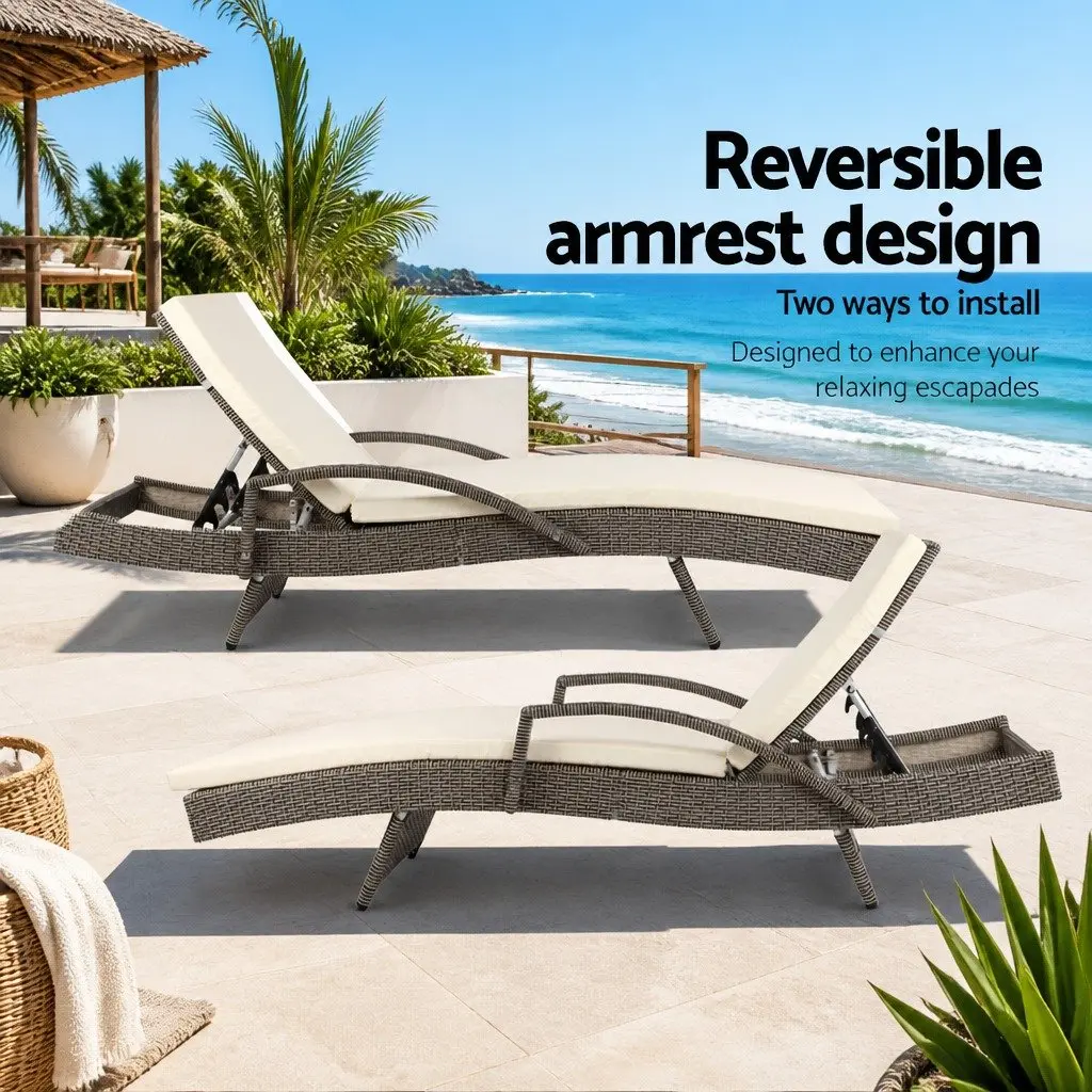 Sun Lounge Wicker Lounger Aluminium Frame Adjustable Backrest Outdoor Furniture Grey Beige