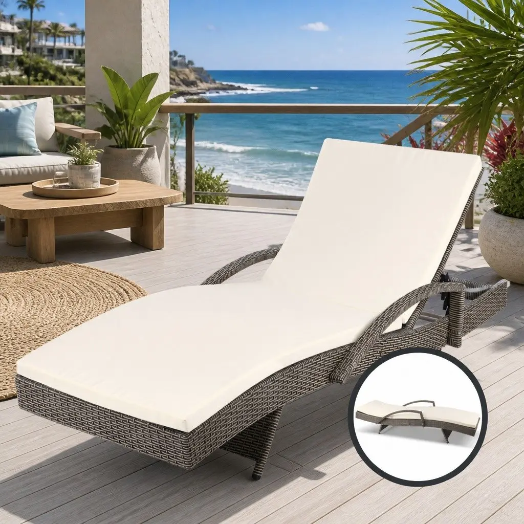 Sun Lounge Wicker Lounger Aluminium Frame Adjustable Backrest Outdoor Furniture Grey Beige