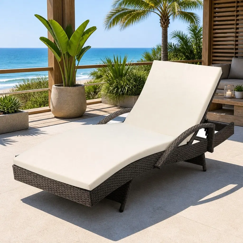 Sun Lounge Wicker Lounger Aluminium Frame Adjustable Backrest Outdoor Furniture Grey Beige