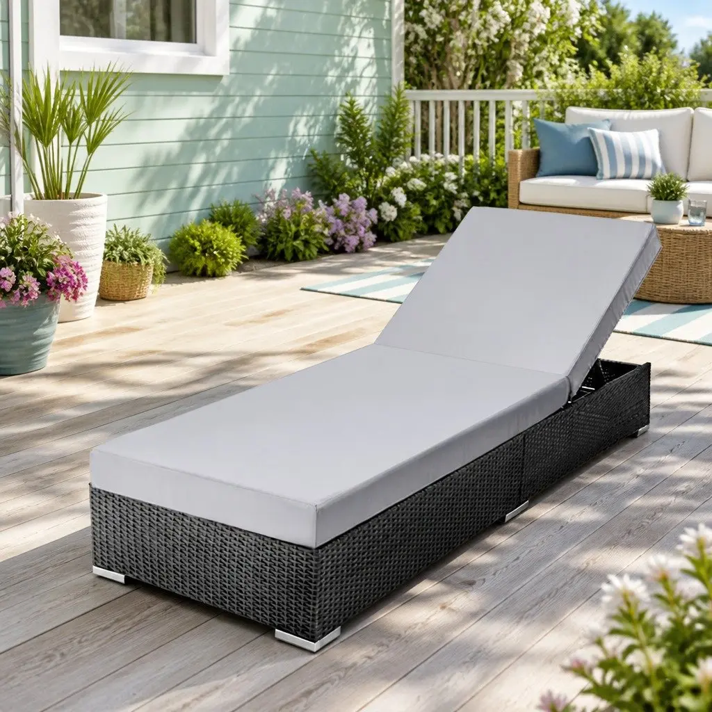 Wicker Sun Lounge Outdoor Furniture Adjustable Lounger Daybed with Cushion Black Aluminium Frame 185cm L x 60cm W x 28cm H