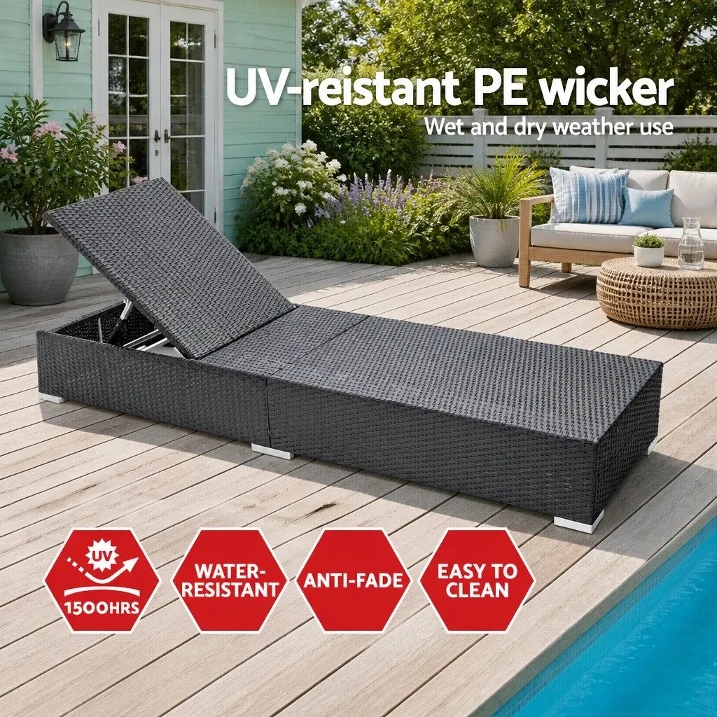 Wicker Sun Lounge Outdoor Furniture Adjustable Lounger Daybed with Cushion Black Aluminium Frame 185cm L x 60cm W x 28cm H