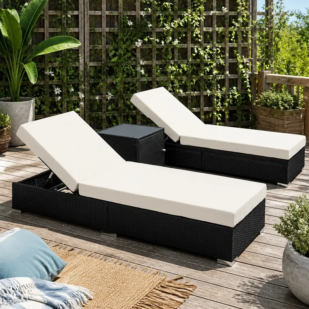 3PC Outdoor Sun Lounge Set Wicker Day Bed Rattan Garden Furniture Black Lounger