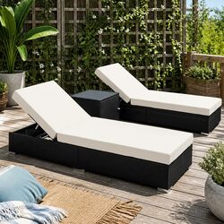 3PC Outdoor Sun Lounge Set Wicker Day Bed Rattan Garden Furniture Black Lounger