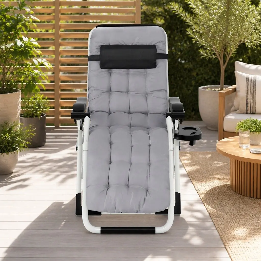 Folding Sun Lounger Steel Adjustable Reclining Chair with Headrest Black