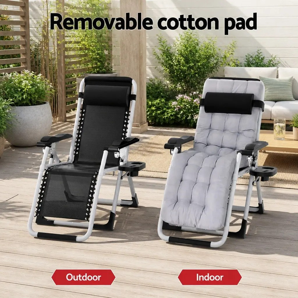Folding Sun Lounger Steel Adjustable Reclining Chair with Headrest Black
