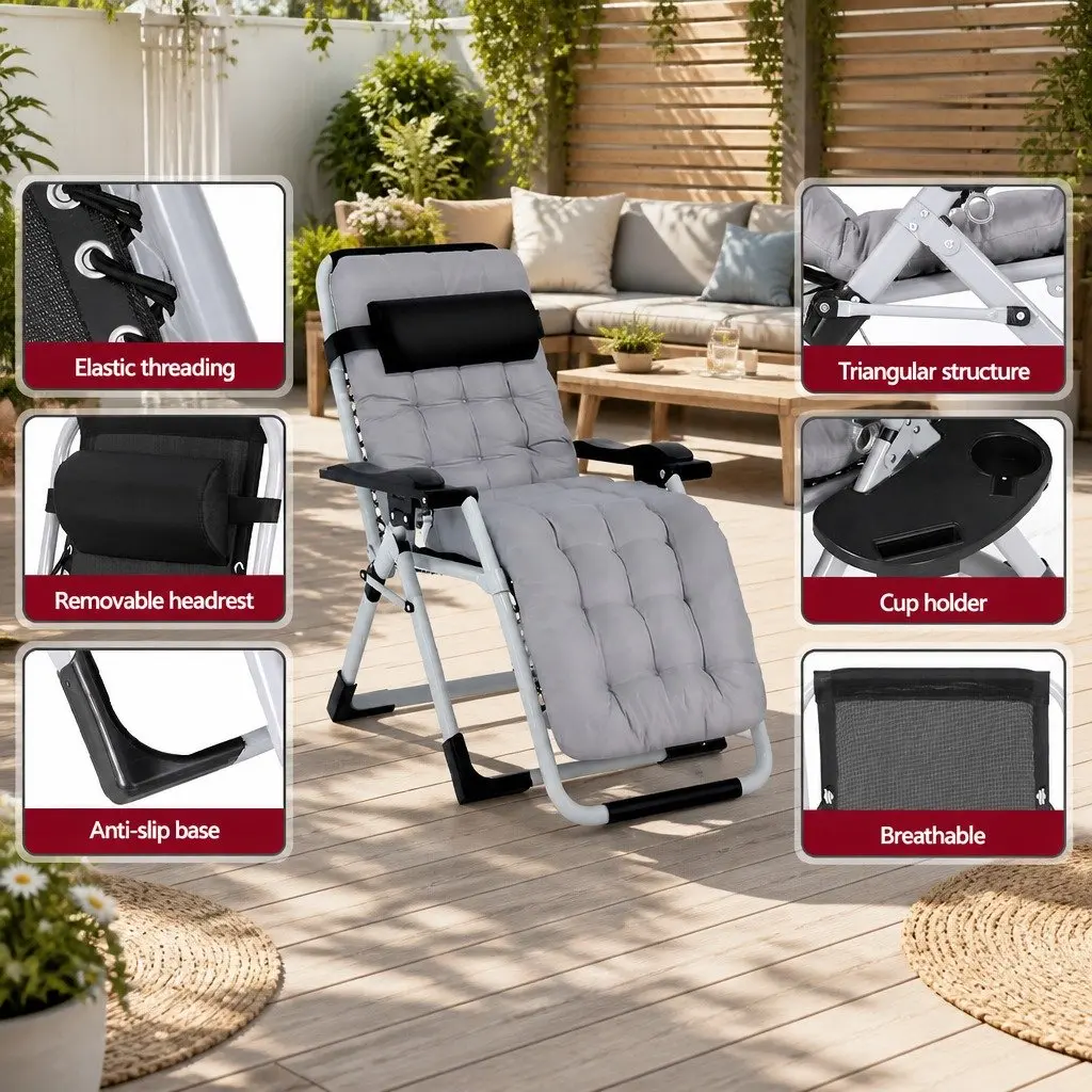 Folding Sun Lounger Steel Adjustable Reclining Chair with Headrest Black