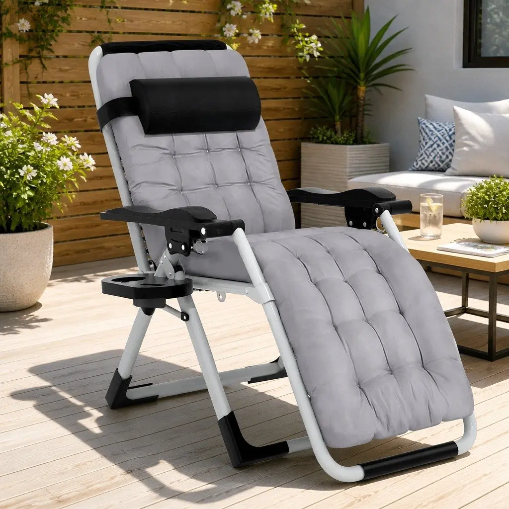 Folding Sun Lounger Steel Adjustable Reclining Chair with Headrest Black