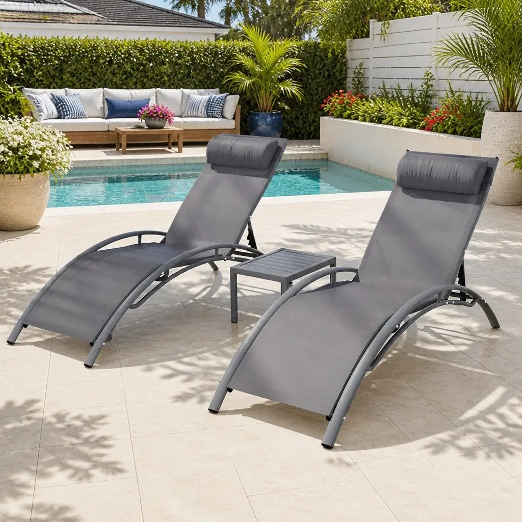 Outdoor Lounge Set Steel Frame 3 Piece Adjustable Sun Lounger Chair Side Table Grey