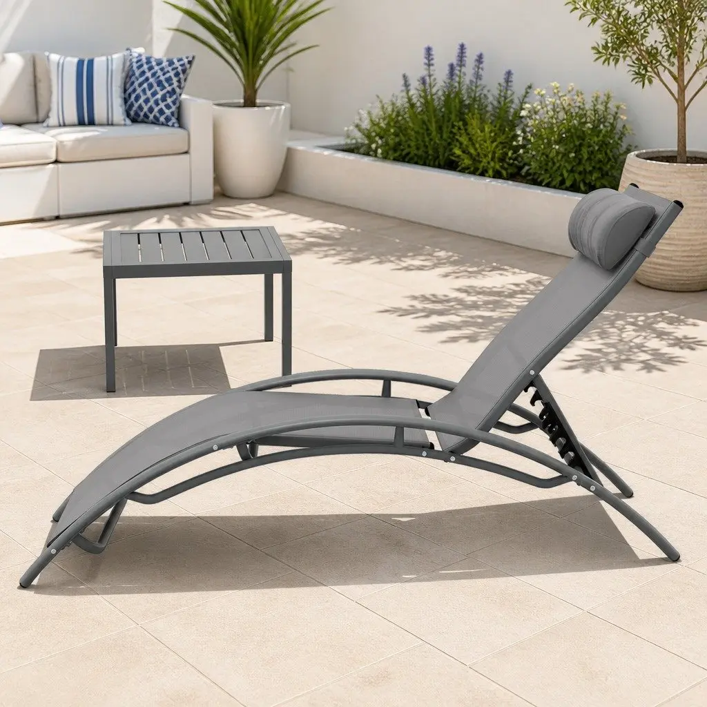 Outdoor Lounge Set Steel Frame 3 Piece Adjustable Sun Lounger Chair Side Table Grey