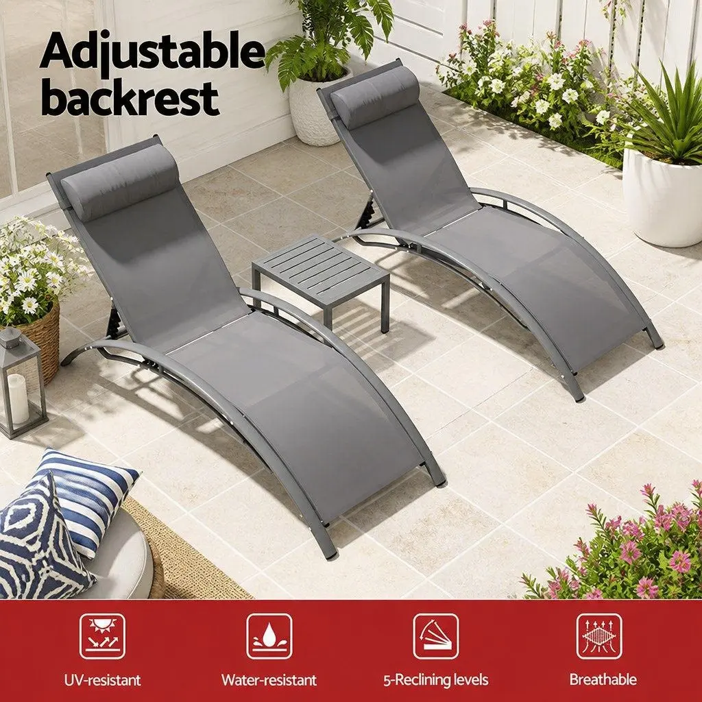 Outdoor Lounge Set Steel Frame 3 Piece Adjustable Sun Lounger Chair Side Table Grey