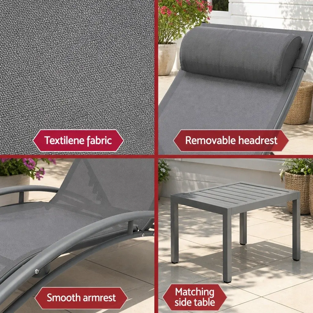 Outdoor Lounge Set Steel Frame 3 Piece Adjustable Sun Lounger Chair Side Table Grey