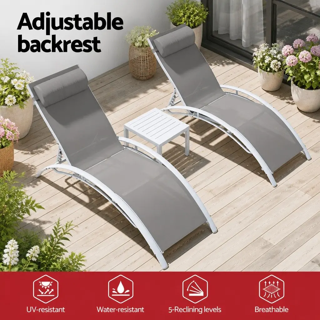 3 Piece Outdoor Lounge Set Steel Frame White Sun Lounger Chairs Garden Patio Furniture