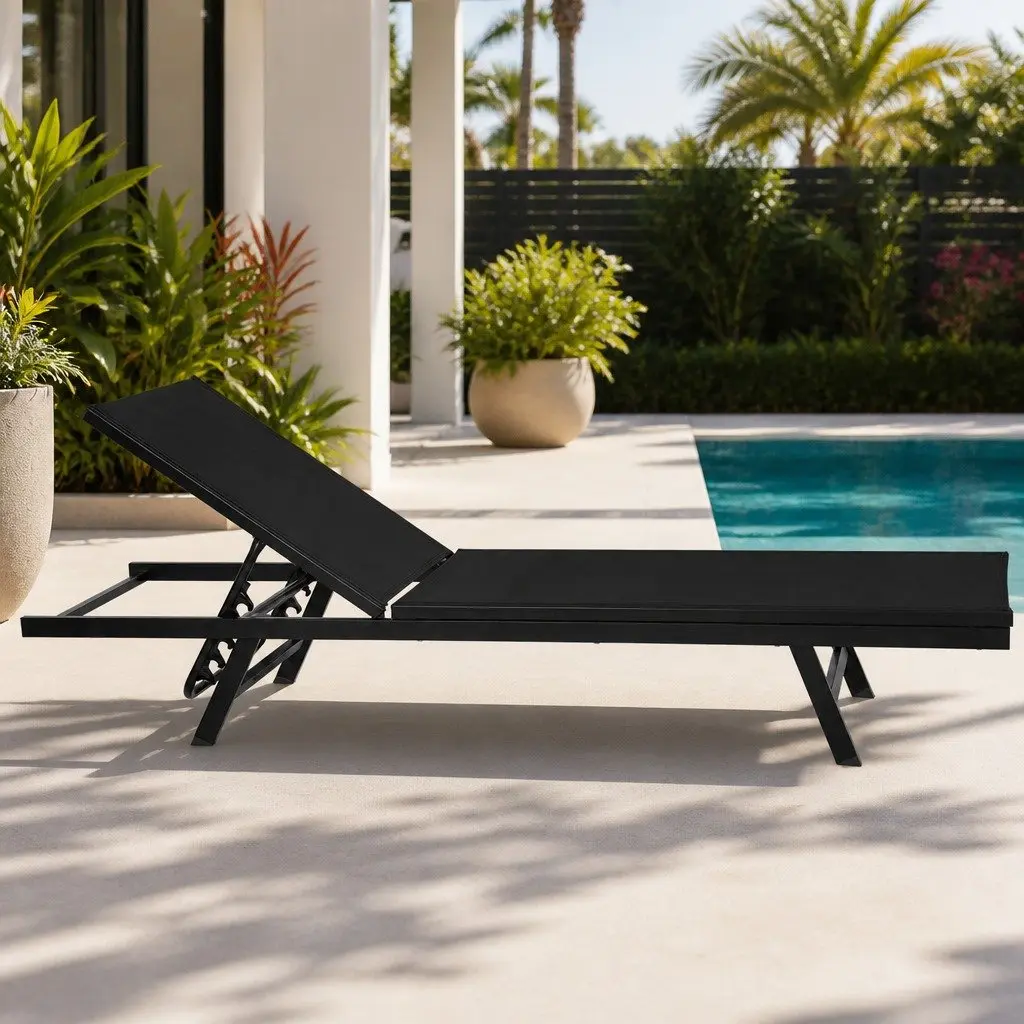 Outdoor Sun Lounger Steel Frame Adjustable Beach Chair Black