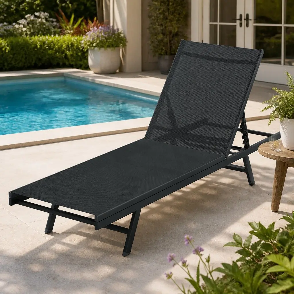 Outdoor Sun Lounger Steel Frame Adjustable Beach Chair Black