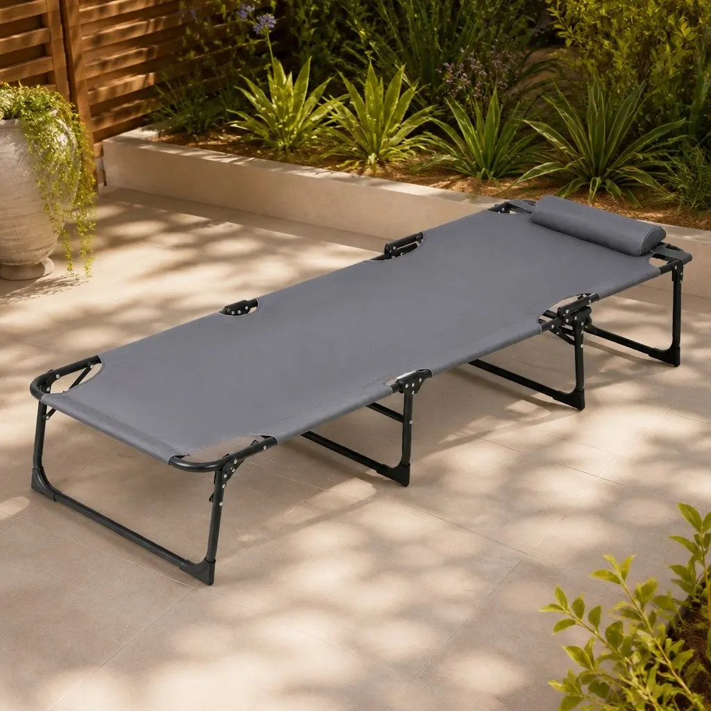 Sun Lounger Folding Beach Chair 4-Position Adjustable Backrest 600D Textilene Steel Frame Grey
