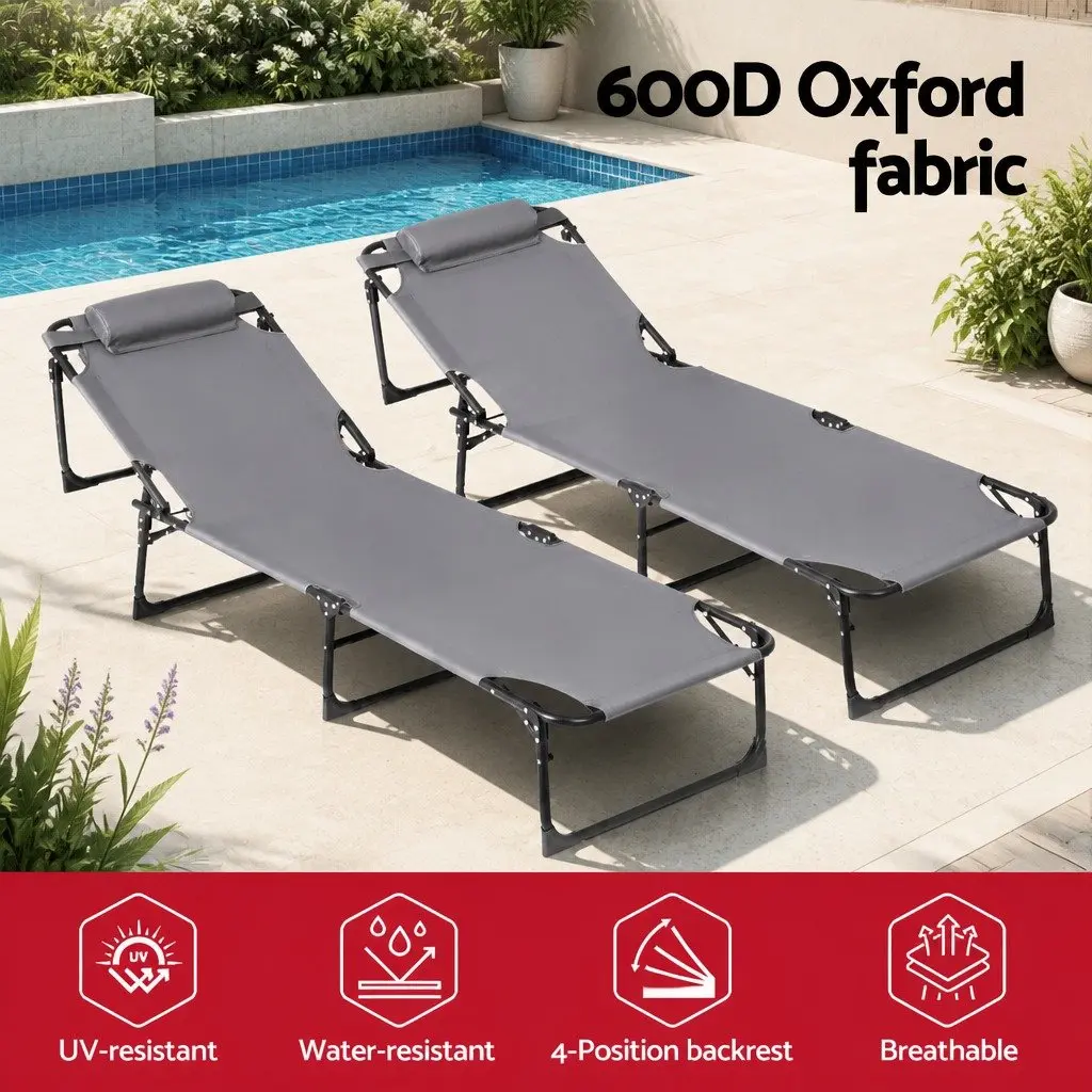 Sun Lounger Folding Beach Chair 4-Position Adjustable Backrest 600D Textilene Steel Frame Grey