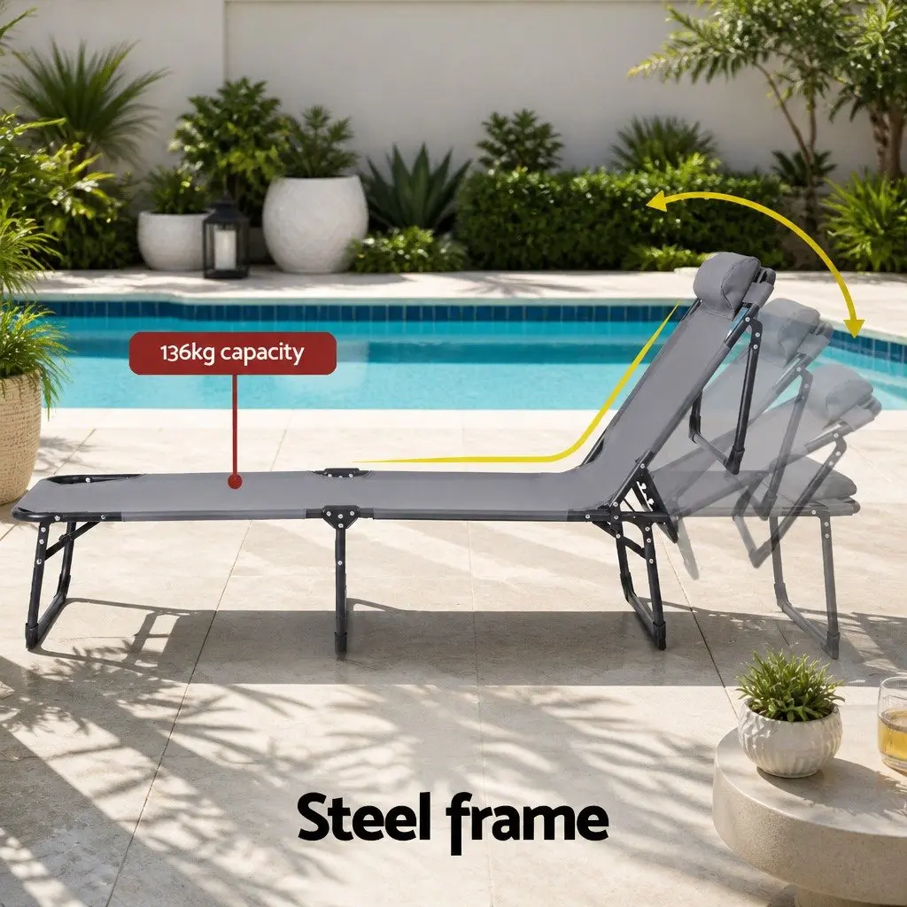 Sun Lounger Folding Beach Chair 4-Position Adjustable Backrest 600D Textilene Steel Frame Grey