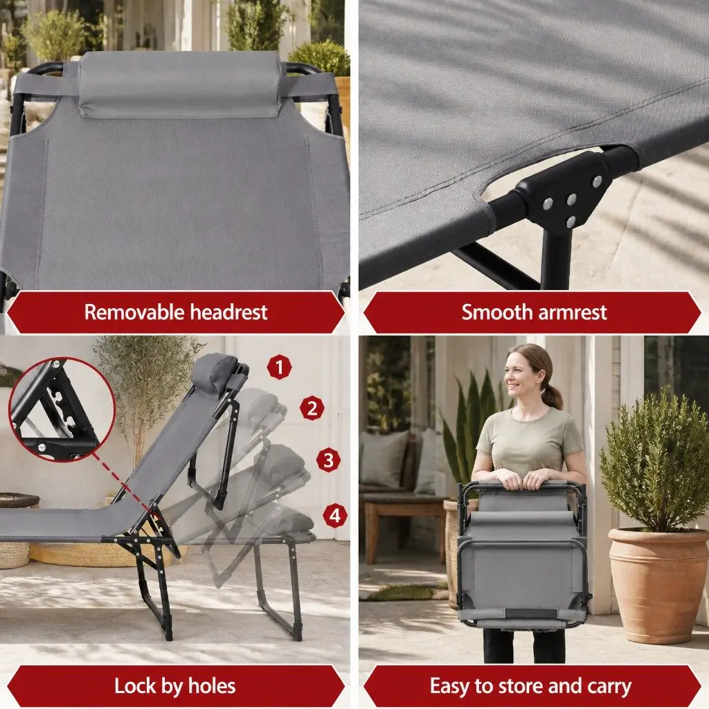 Sun Lounger Folding Beach Chair 4-Position Adjustable Backrest 600D Textilene Steel Frame Grey