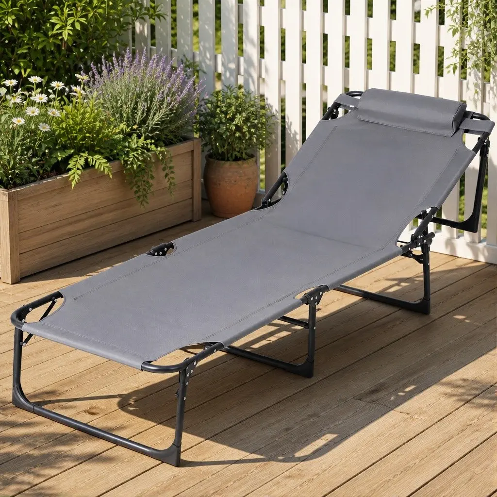 Sun Lounger Folding Beach Chair 4-Position Adjustable Backrest 600D Textilene Steel Frame Grey