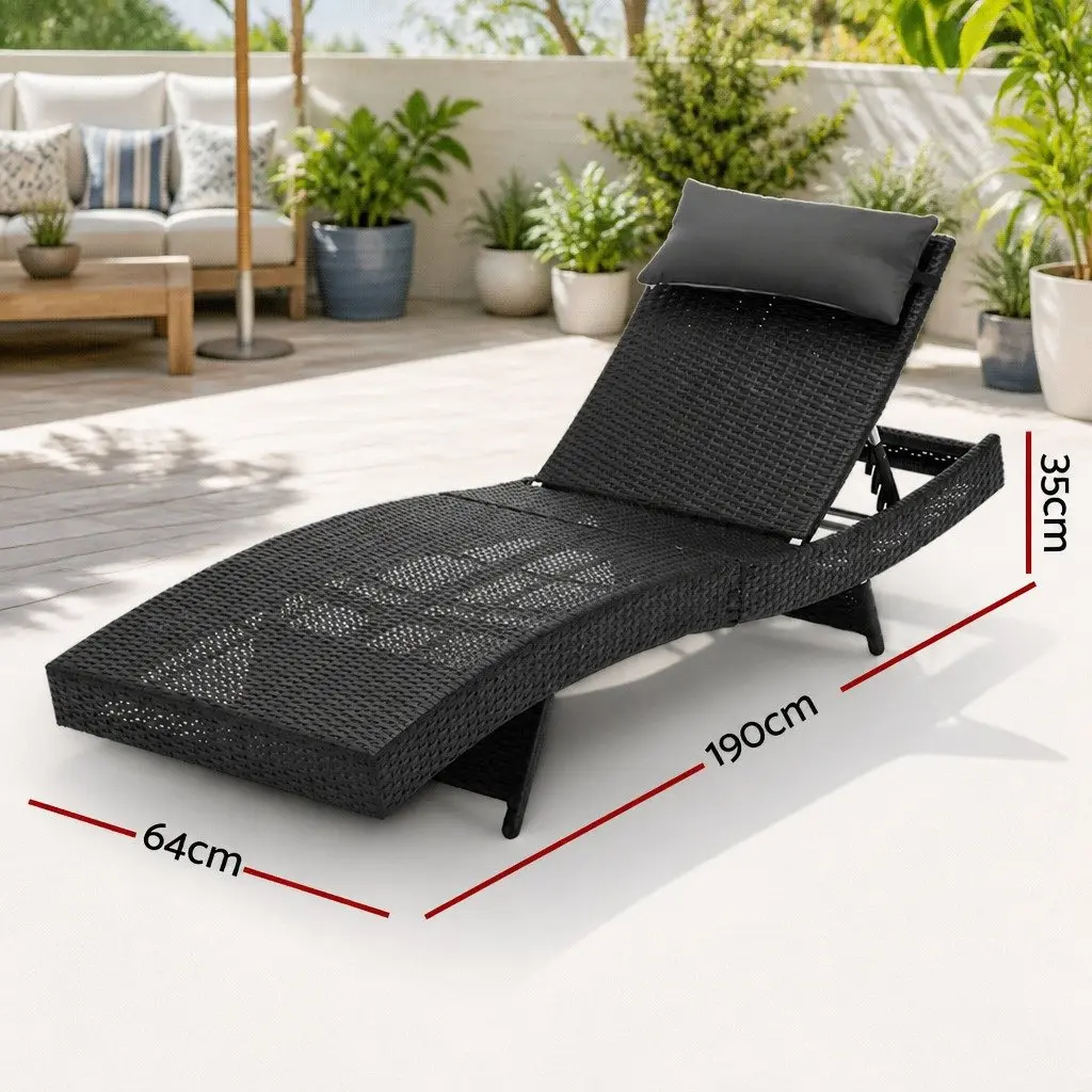 Sun Lounge Wicker Lounger Outdoor Furniture Adjustable Backrest Black Aluminium PE Wicker Grey Polyester