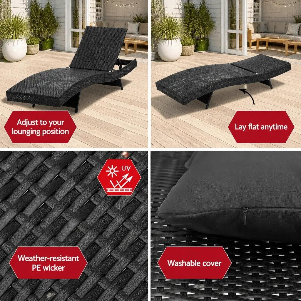 Sun Lounge Wicker Lounger Outdoor Furniture Adjustable Backrest Black Aluminium PE Wicker Grey Polyester