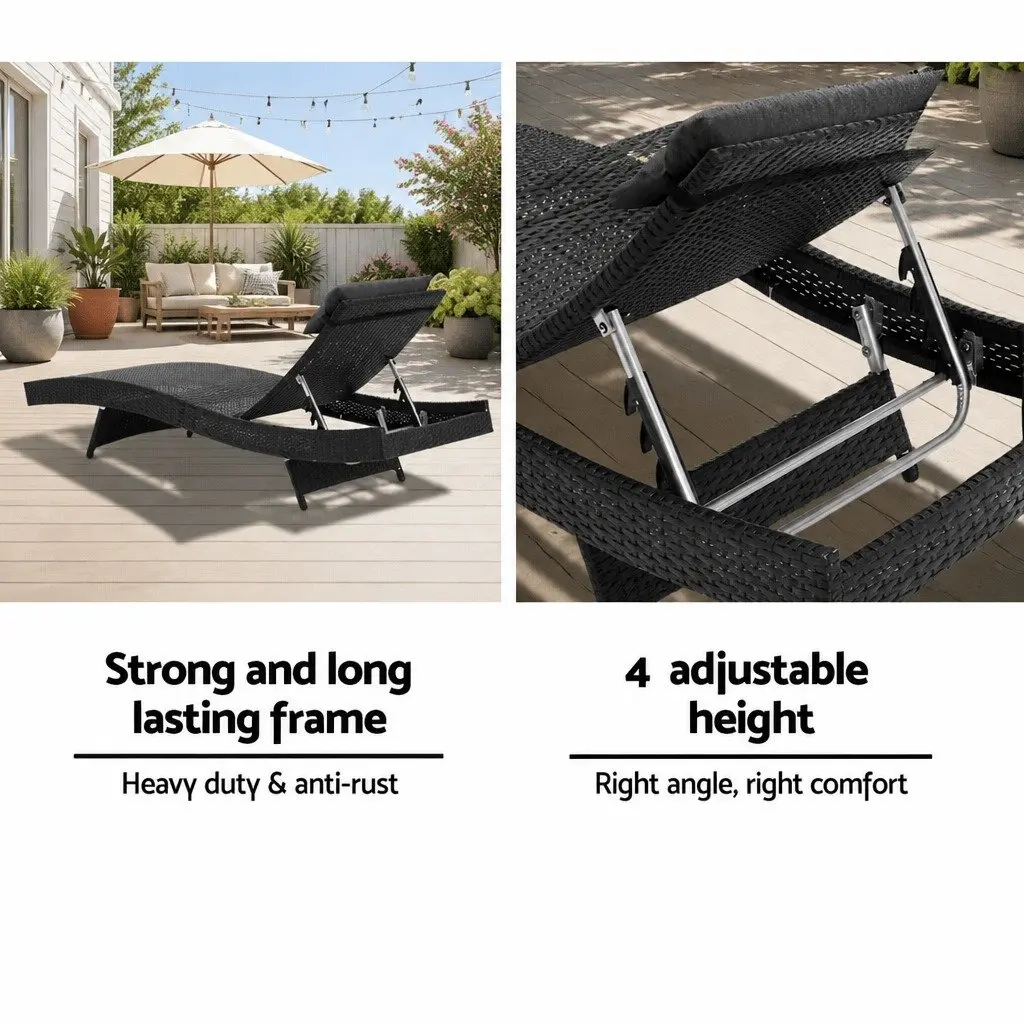 Sun Lounge Wicker Lounger Outdoor Furniture Adjustable Backrest Black Aluminium PE Wicker Grey Polyester