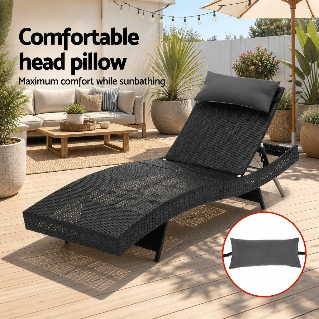 Sun Lounge Wicker Lounger Outdoor Furniture Adjustable Backrest Black Aluminium PE Wicker Grey Polyester