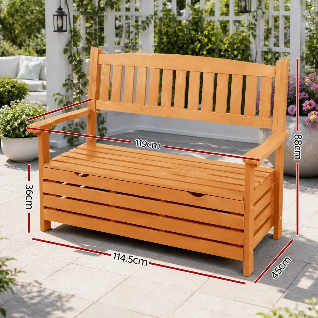 Wooden Garden Bench Storage Seat Natural Wood 2 Seater Patio Furniture with Underseat Compartment for Outdoor Use