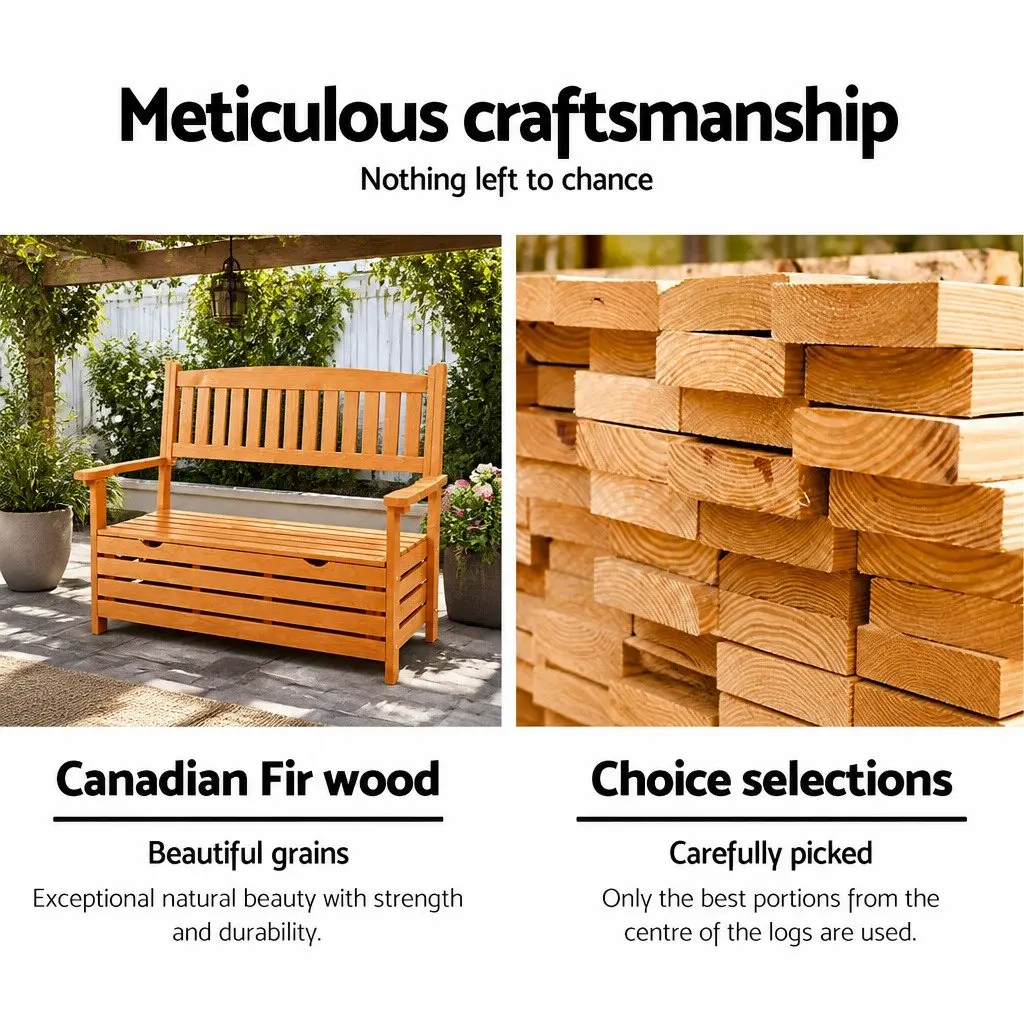 Wooden Garden Bench Storage Seat Natural Wood 2 Seater Patio Furniture with Underseat Compartment for Outdoor Use
