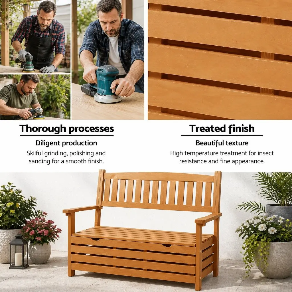 Wooden Garden Bench Storage Seat Natural Wood 2 Seater Patio Furniture with Underseat Compartment for Outdoor Use