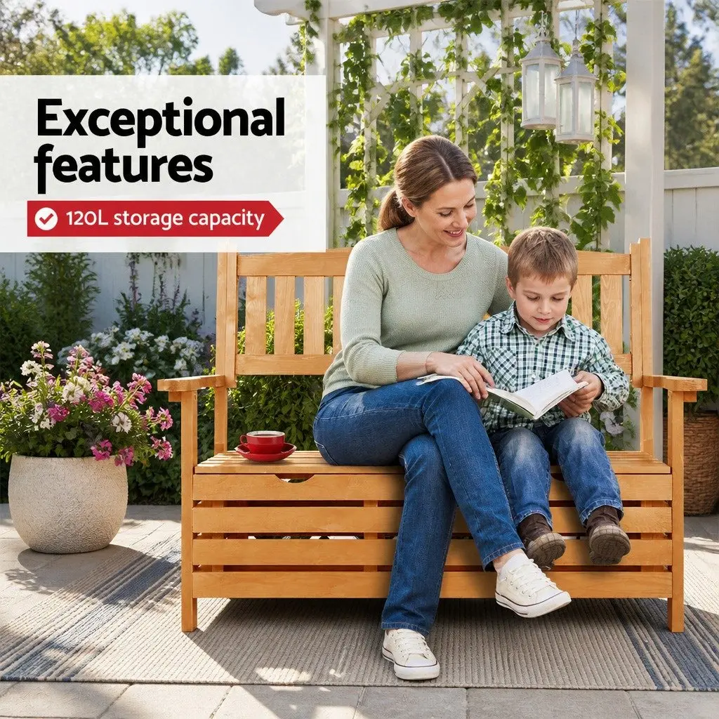 Wooden Garden Bench Storage Seat Natural Wood 2 Seater Patio Furniture with Underseat Compartment for Outdoor Use