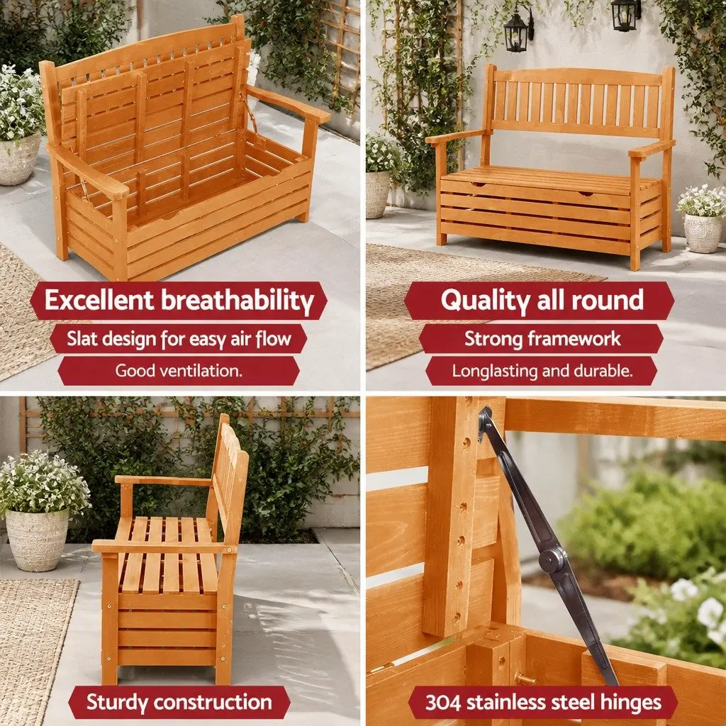 Wooden Garden Bench Storage Seat Natural Wood 2 Seater Patio Furniture with Underseat Compartment for Outdoor Use