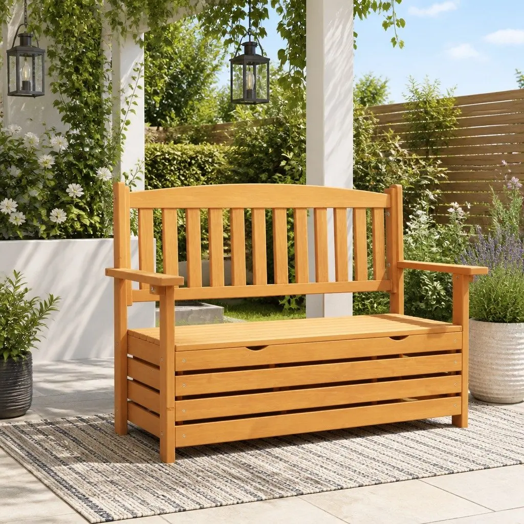 Wooden Garden Bench Storage Seat Natural Wood 2 Seater Patio Furniture with Underseat Compartment for Outdoor Use