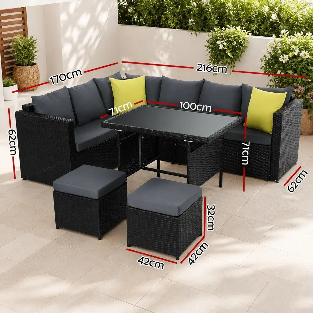Outdoor Dining Sofa Set Modular PE Wicker Aluminum Frame Black Cushions Tempered Glass Table