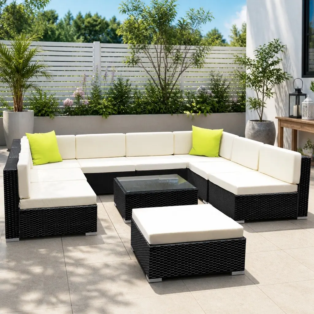 10 Piece Outdoor Wicker Sofa Set Black Aluminium Frame with Beige Cushions and Lime Green Throw Pillows for Garden and Patio Use
