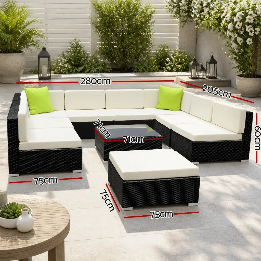 10 Piece Outdoor Wicker Sofa Set Black Aluminium Frame with Beige Cushions and Lime Green Throw Pillows for Garden and Patio Use