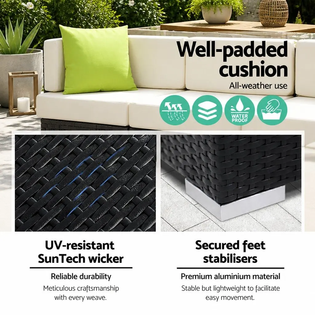 10 Piece Outdoor Wicker Sofa Set Black Aluminium Frame with Beige Cushions and Lime Green Throw Pillows for Garden and Patio Use