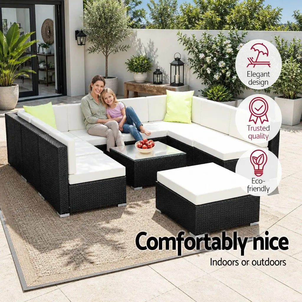 10 Piece Outdoor Wicker Sofa Set Black Aluminium Frame with Beige Cushions and Lime Green Throw Pillows for Garden and Patio Use